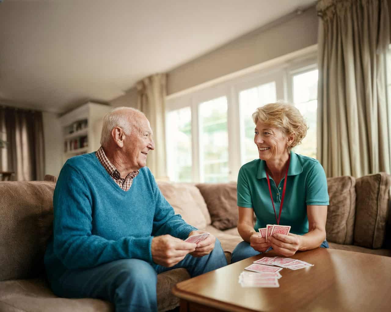 A Live-in Care Direct carer playing cards with the man she supports at home